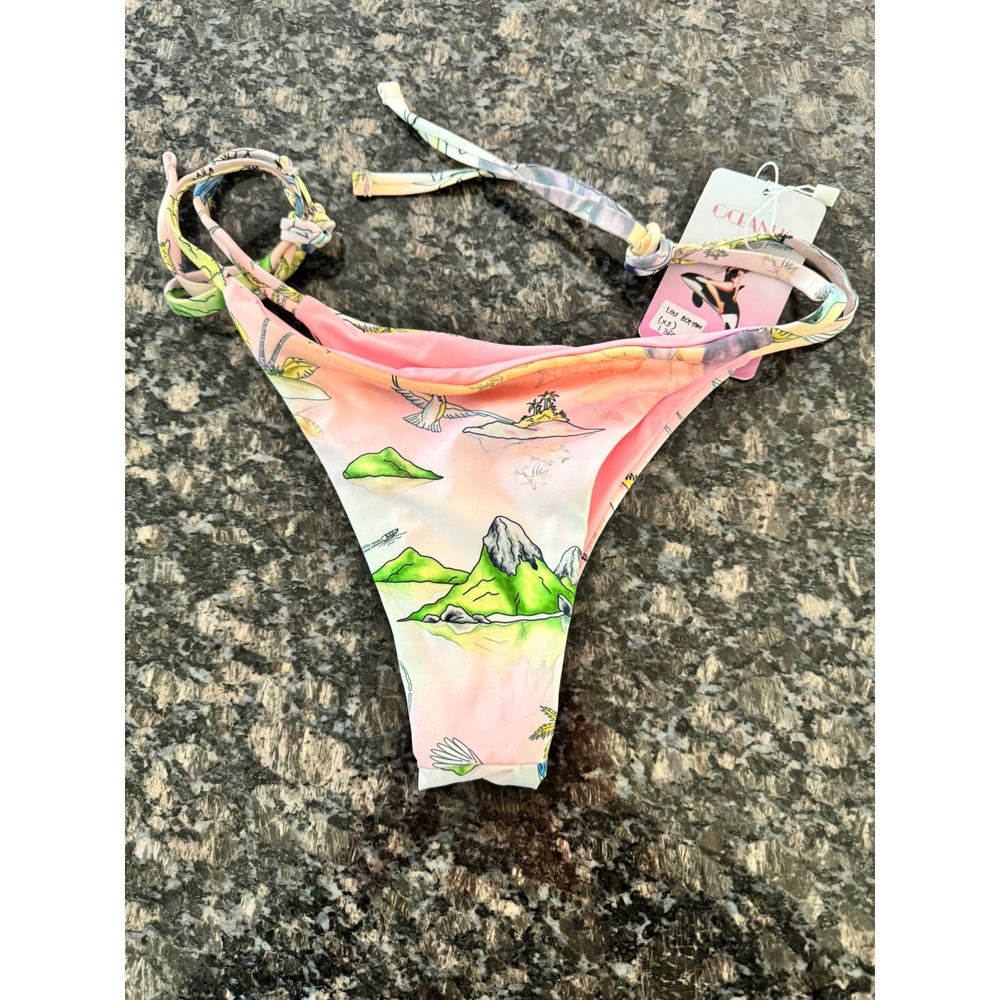 Oceanus Swimwear Lou Bikini Bottom Pink Tropical Landscape Side Tie‎ XS New - Picture 6 of 7
